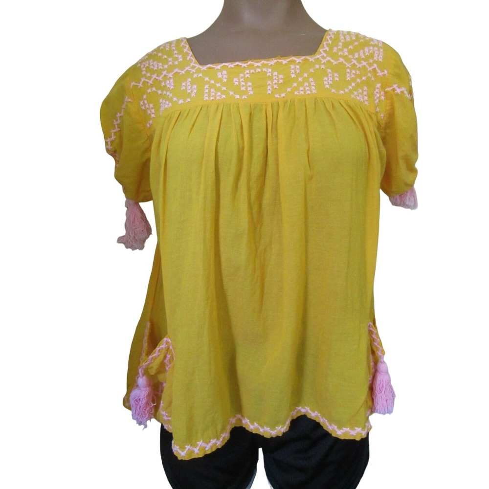 By Malene Birger yellow peasant blouse top pink stitching tassels 38 Medium M 8‎